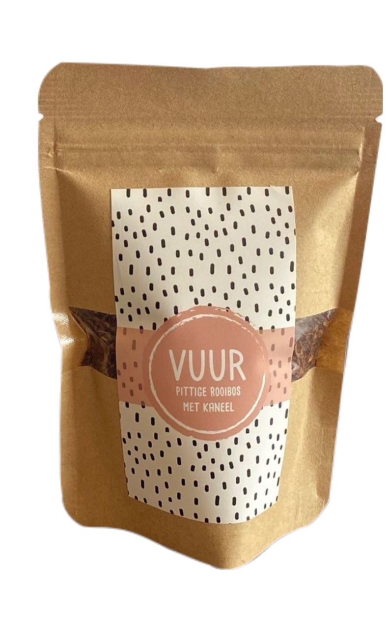 Losse thee in papieren zak, met de smaak pittige rooibos met kaneel. Naam van de thee is: vuur
