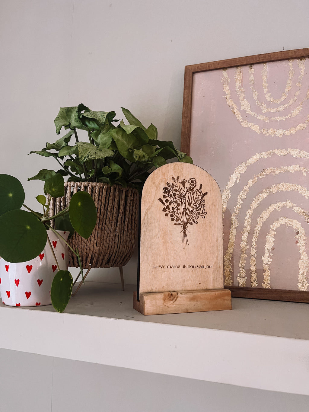 Houten wenskaart met standaard | Bloemen |  Mama, ik hou van jou